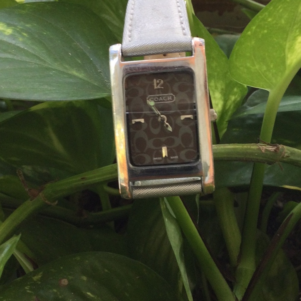 COACH Women's Silver Rectangular Leather Strap Watch - Black Signature Dial